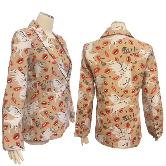 LAS SURENAS Wolf Kisses Lip Amore Print Single Button Linen Loose Fit Blazer - Picture 14 of 16